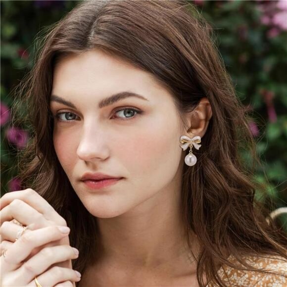 Gold Pearl Bow Earrings - Trendy White Coquette Ribbon Dangle Jewelry for Women - Picture 3 of 7